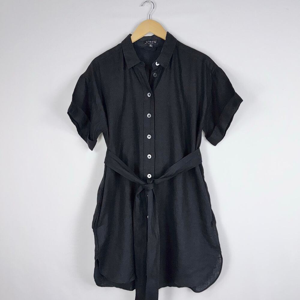 J Crew Capitaine Belted 100% Linen Shirt Dress Women's Medium Petite Black